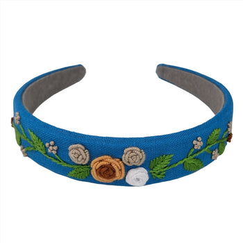 Embroidered Headband Bright Blue with Multi Flowers